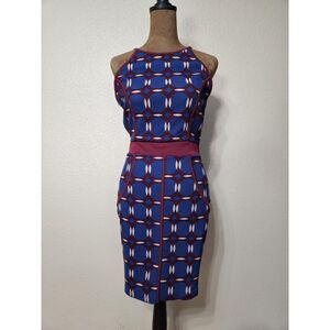 Olive Tree Women’s Blue Geometric Bodycon Dress Sleeveless Mid-knee Length Sz S